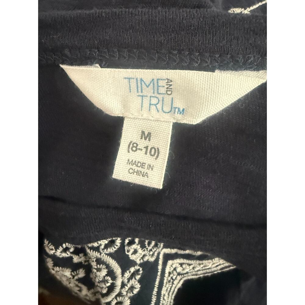 Time And Tru Women's Blouse Navy Floral Short Sleeve 100% Cotton Medium Shirt - Picture 5 of 8